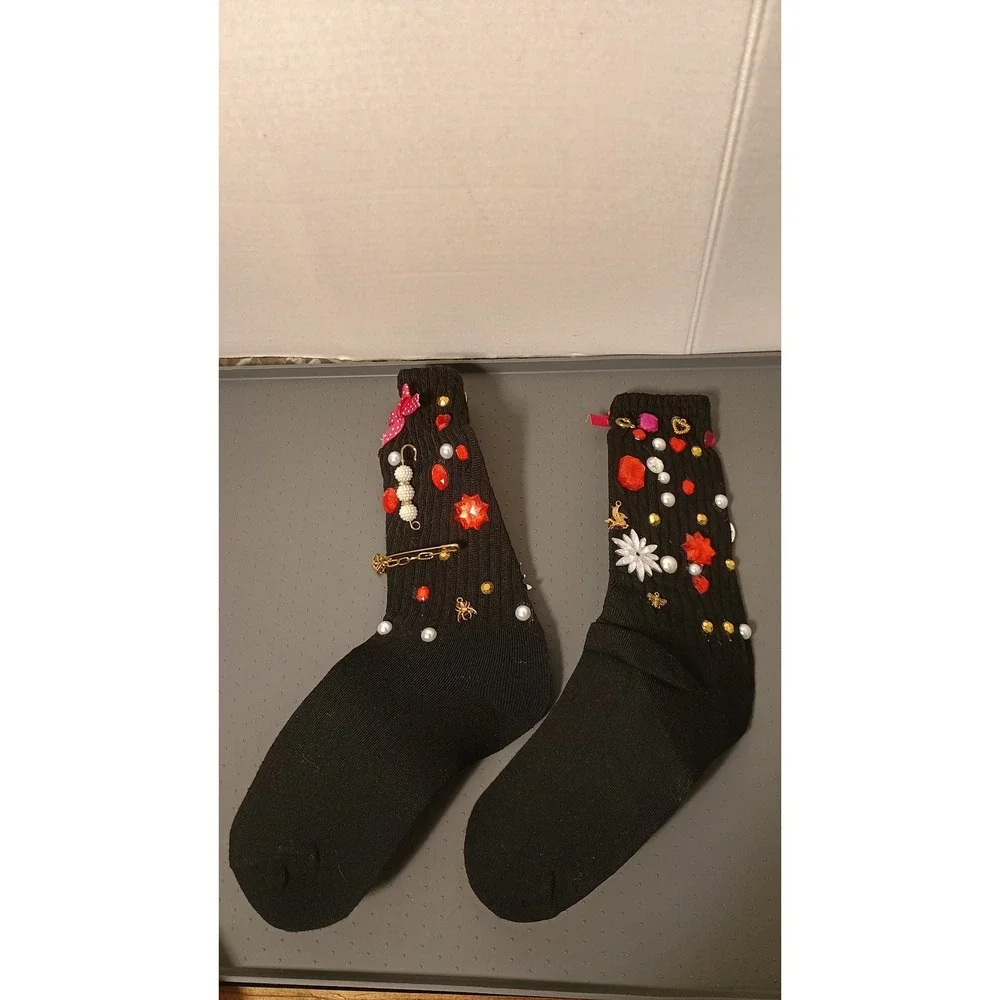 Embellished Crew Socks Womens OS Black Good DIY Kitsch Maximalist